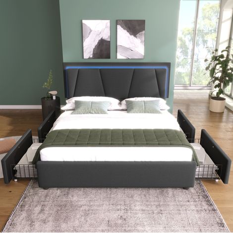 Lit avec tiroirs 160x200 LED, tête réglable, gris HAVRYA (1/5)
