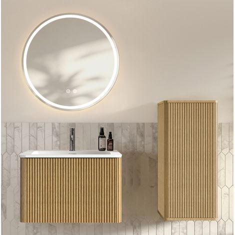 Meuble de salle de bain avec vasque, miroir LED rond, 60 cm, effet chêne OKMYHOME (1/5)