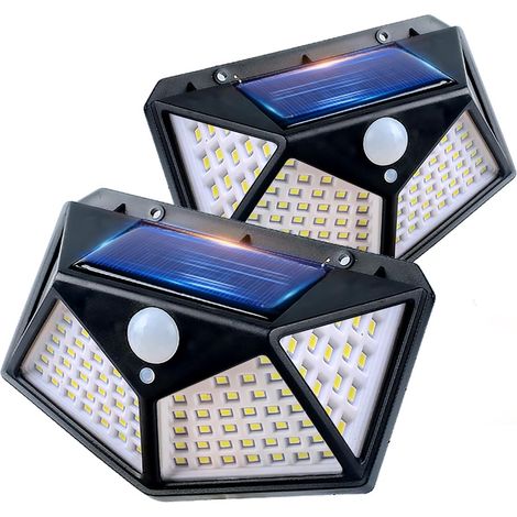 Solarleuchten für den Außenbereich, 100 LEDs, 2er-Pack, Solar-Bewegungsmelder mit 3 Beleuchtungsmodi, kabellos, IP65 wasserdicht, Solar-Sicherheitsleuchten für Garten, Terrasse und Hof