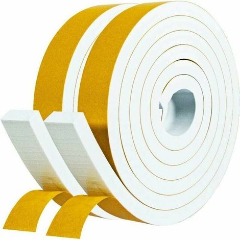 Selbstklebende Gummidichtung für Fenster, Türen, Garagentore und Duschen – 2 Rollen à 25 mm x 10 mm x 2 m – Schall- und stoßdämpfende Dichtung – Weißer Schaumstoff mit gelber Folie