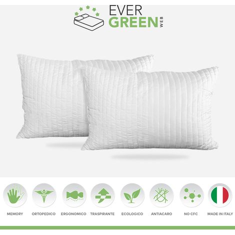 EVERGREENWEB - Cuscini Letto Coppia 40x70 alti 15 cm 2 Cuscini Decorativi Divano Arredo Casa o Esterno Imbottitura 100% Fiocco Memory Foam Morbidi effetto piuma ANALLERGICA fodera Bianca SUPER OFFERTA (1/5)