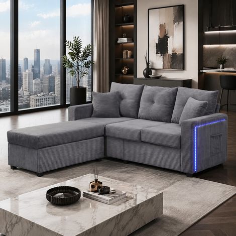 Sofá modular en L con LED, 3 plazas, otomana extra grande, gris, OKWISH (1/5)