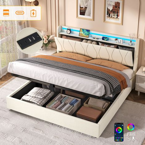 5ft King Upholstered Bed Frame with Hydraulic Storage, LED Headboard with Charging Station and Concealed Headboard Storage, USB and Type - C Ports, Linen, No Box Spring Needed, Beige (No Mattress)