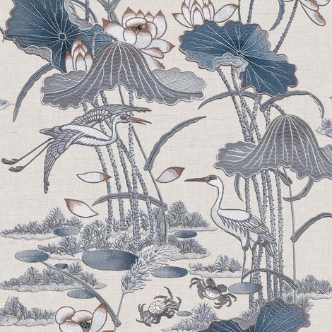 Design ID Blue Lotus Pond Wallpaper Crane Lily Pads Textured Paste The Wall (1/4)