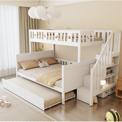 Etagenbett 90x200 cm Weiß aus Massivholz mit Stauraumleiter, Ausziehbett und Lattenrost (1/5)
