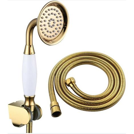 Kit doccia con soffione in ottone, soffione flessibile da 1,5 m con supporto, set doccia dorato
