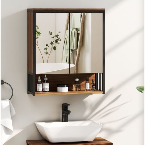 Badezimmer-Hängeschrank mit Spiegel, MDF und Spanplatte, braun HAVRYA (1/4)