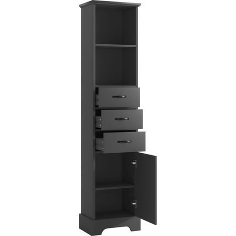 CAIziArmoire haute de salle de bain 38 x 26 x 172,5 cm, entièrement laquée pour une résistance à l’humidité, trois tiroirs + doubles étagères ouvertes + portes d’armoire, étagères réglables, noir. (1/5)