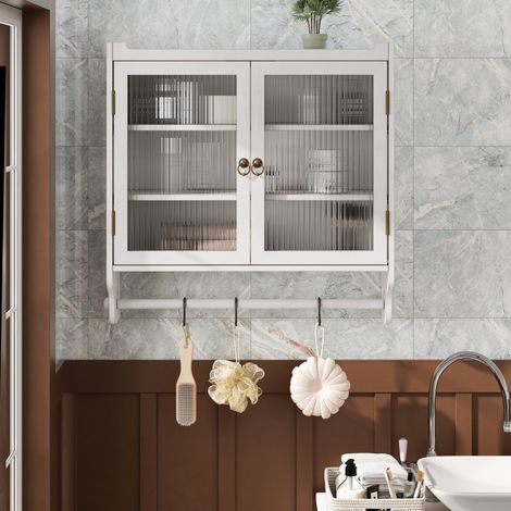 Armoire murale 63x60x18 cm blanc vieilli en verre, bois massif et MDF avec 2 portes vitrées et porte-serviettes (1/5)