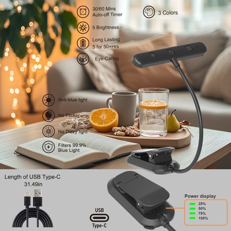 Lampe de lecture rechargeable à pince, 3 températures de couleur, 5 niveaux de luminosité, tube flexible pour protéger vos yeux. (1/4)