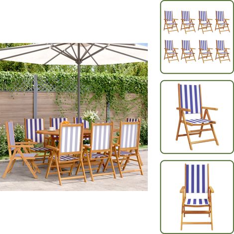 The Living Store Gartenstühle Verstellbar 8 Stk. Blau Weiß Stoff und Massivholz - Gartensaison - Gartenmöbel - Esszimmerset - Holztisch - Gartenstuhl (1/5)