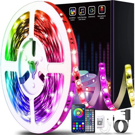 Guirlande lumineuse LED de 15 m, contrôle intelligent via application Bluetooth, synchronisation musicale, bandes lumineuses LED RGB à changement de couleur avec télécommande