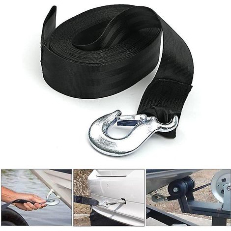 Sangle de treuil noire de 4 mètres avec mousqueton de sécurité pour bateau ou voiture, résistance à la rupture et charge de travail élevées (1/5)