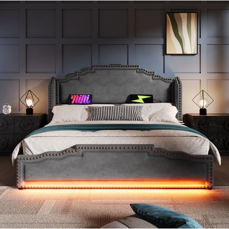 lit adulte double rangement tiroirs 180x200 velours gris OKMYHOME (1/5)