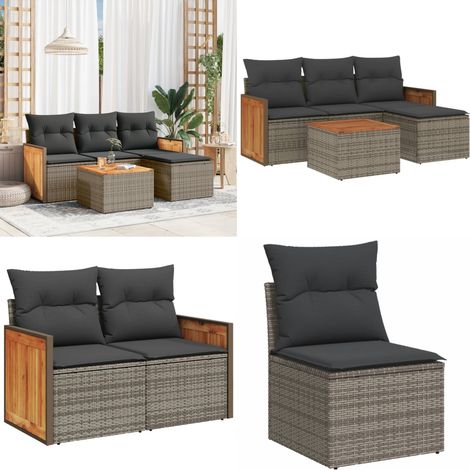 5-tlg. Garten-Sofagarnitur mit Kissen Grau Poly Rattan - Gartenmöbel Set - Rattan Möbel - Outdoor Lounge - Esstisch - Sofasitzgruppe - Home & Living