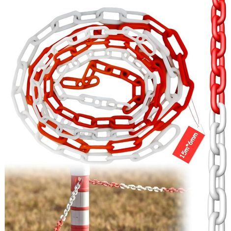 Chaîne de délimitation en plastique - 15 m x 6 mm - Rouge et blanc - Chaîne de signalisation en plastique - Chaîne à maillons en plastique pour la sécurité avertissante, parking, construction (1/5)