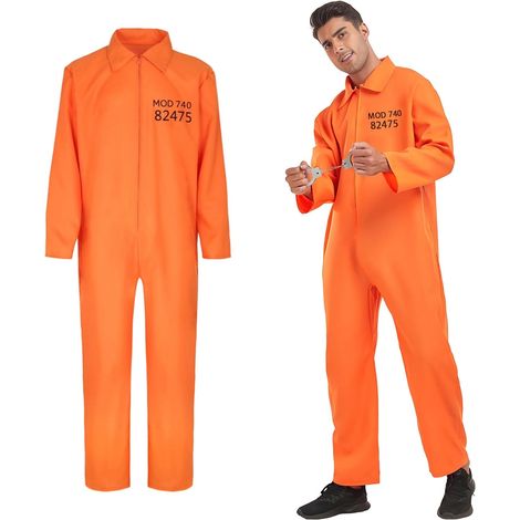 Disfraz de prisionero para hombre, mono de prisionero naranja, uniforme de prisión unisex, mono de disfraz de prisionero para hombre para Halloween, adecuado para juegos de rol de Halloween. (1/5)