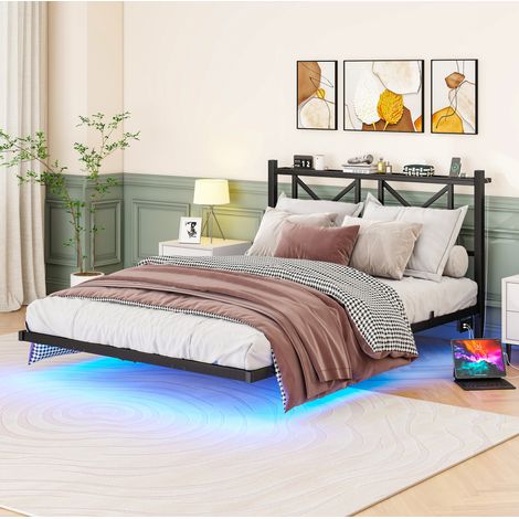 MEUBLIV Lit 140x200 cm noir – LED, tête de lit avec chargeur, sans matelas (1/5)