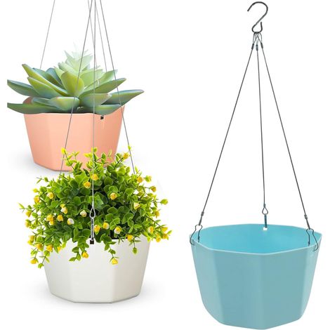 Cesto portavaso sospeso in tre pezzi, vasi sospesi per interni/esterni, vasi sospesi, supporti per piante con ganci a catena, decorazioni per la casa - 3 colori (1/5)