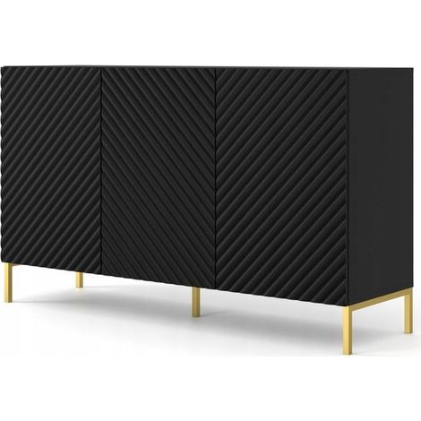 Commode de rangement Meuble universel noir mat 150x87x42cm SURFA sur pieds avec 3 portes