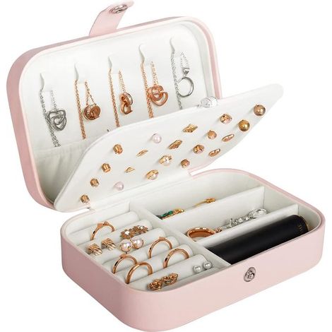 Boîte à bijoux à 2 étages – Coffret de rangement compact 16 x 11 x 5 cm – Idéal pour colliers, bagues et boucles d’oreilles – Rose (1/5)