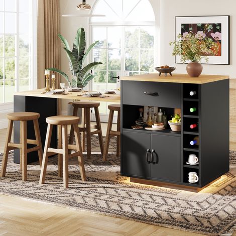 Îlot de cuisine 80x70x95,5 cm avec table extensible, LED, 2 tiroirs, 4 portes et rangement bouteille - MDF et métal - Noir (1/5)