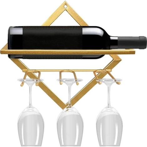 Étagère à vin murale pliable en métal avec 3 supports pour verres à pied(doré) (1/5)