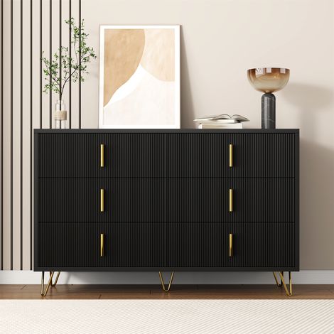 Commode Buffet Design Moderne à 6 Tiroirs, Sideboard Élégant avec Façade Ondulée et Pieds Dorés, Meuble de Rangement pour Salon, Chambre et Salle à Manger, 120 cm - Noir (1/5)