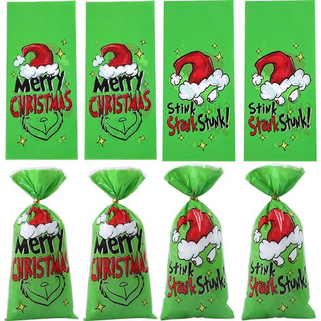 100 sacs cadeaux de Noël, emballages de bonbons festifs, sachets de goûter décorés de motifs de Père Noël et de sapin de Noël, verts (1/4)
