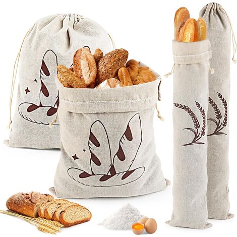Sac A Pain - Lin Natural - Con Cordon De Serraje - Para Pan Frutas Y Verduras - 30x40 Cm Y 15x66 Cm - Pack De 4 (1/5)