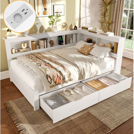 MEUBLIV Lit 140x200 cm blanc – 2 tiroirs, prise et 2 USB, sans matelas (1/5)