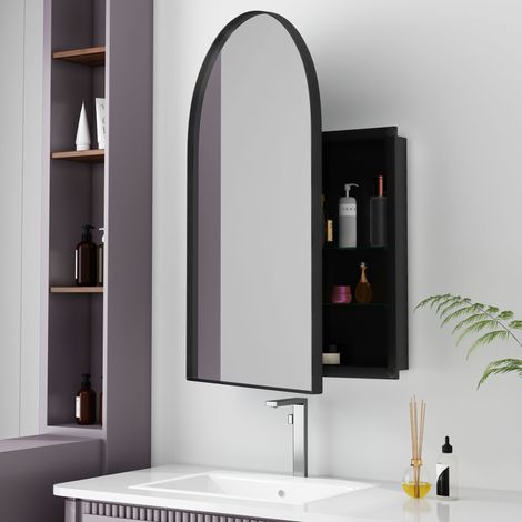 Armoire à miroirs arquée cadre métallique miroir étagères réglables,meuble rangement salle de bain salon chambre noire.