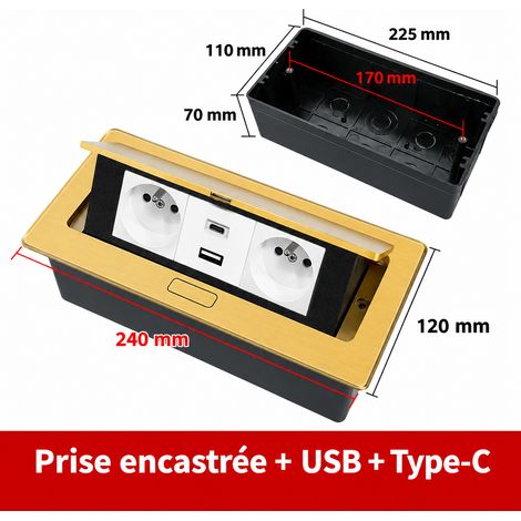 Bloc prise bureau encastrable escamotable doré 2 prises standard français port USB-A port USB-C AC250 4000W amorti Pop-up – Livraison gratuite (1/5)