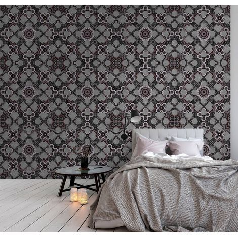 Papier peint panoramique 3D anthracite & violet | Tapisserie panoramique motif mandala idéale salon | Papier peint panoramique original pour couloir - 270 x 400 cm (4 pièces) (1/5)