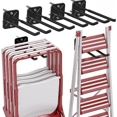 Lot de 4 supports de rangement suspendus en métal à visser, étagère murale, crochet pour outils de jardin et poussette. (1/5)