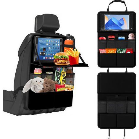 Paquete de 2 organizadores de asiento de coche con mesa plegable - Organizador grande para asiento trasero de coche para niños - Multifuncional impermeable - Bolsa para tableta y muchos bolsillos (neg (1/5)