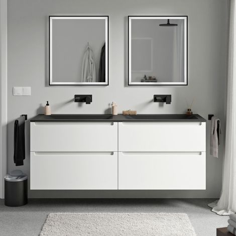Waschtischunterschrank Bernstein VIREO 160cm mit Mineralgusswaschtisch CREAM Badmöbel: Weiß matt, Waschbecken: Schwarz matt ohne Hahnloch