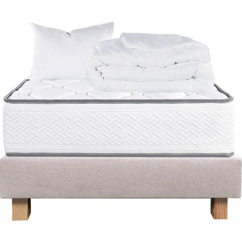 IZAC - Pack Matelas + Sommier Tapissier Beige 90x190 cm + 1 Oreiller + 1 Couette (1/5)