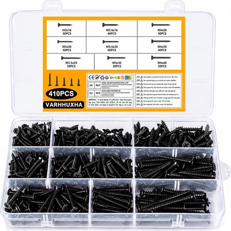 410 Pcs Vis à Bois, M3 M3.5 M4 Vis Autotaraudeuses Noires Vis à tête plate cruciforme, vis à tôle pour mobilier de bureau et meubles en bois (1/5)
