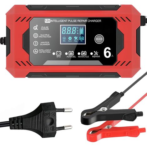 Cargador de baterías de 6A y 12V, cargador inteligente para baterías de coche con pantalla LCD, apto para coches y motocicletas. (1/5)