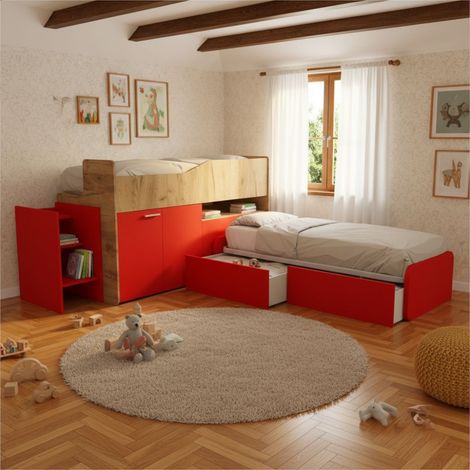 Letti a soppalco contenitori moderni: Design salvaspazio Made in Italy - Quercia e Rosso