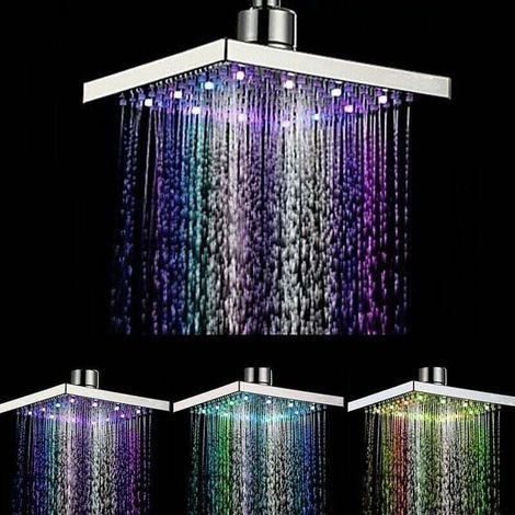 8 inch square LED shower head, 7 color changing water flow modes, ABS chrome material, 12 LED beads, suitable for bathrooms. (1/4)