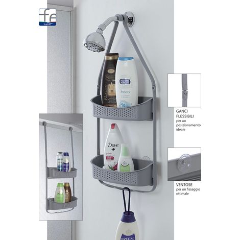 MENSOLA DOCCIA IN PVC 2 RIPIANI CON GANCI PORTA OGGETTI BIANCO/GRIGIO/TORTORA, "Tortora" (1/6)