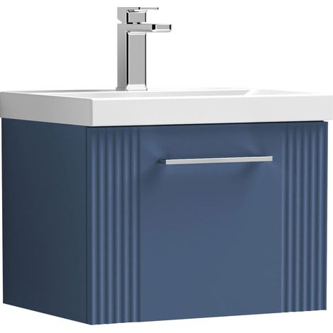 Nuie Deco Satin Blue 500mm Wall Hung Single Drawer Vanity Unit and Mid Edge Ceramic Basin - DPF391A (1/5)