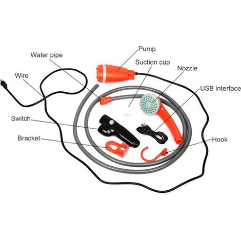 Kit de douche de Camping Portable en plein air, avec décharge d'eau de 2,5 à 3,5 l/min, tuyau de 2 m, chargement USB, autonomie de la batterie de 30 à 60 minutes, sac à fermeture éclair (1/5)
