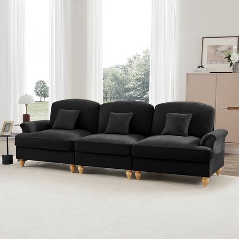 Sofá modular de 3 plazas en chenilla negra, faldón extraíble (2 estilos) + otomana, patas cónicas (1/5)