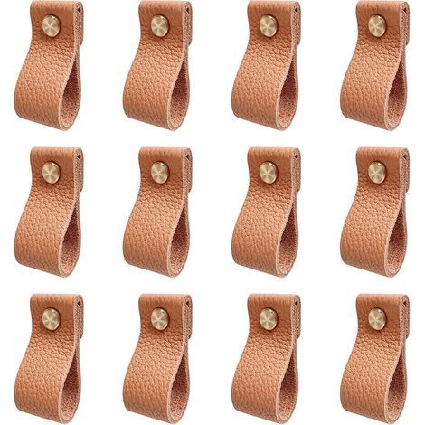 Lot de 12 poignées en cuir pour tiroirs, armoires, placards, meubles, avec vis, couleur citrouille, 2,5 x 14 cm (1/5)