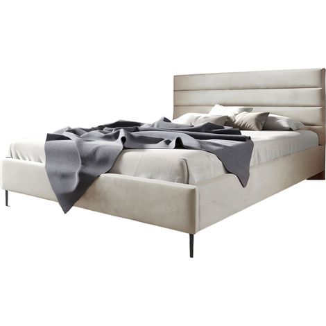 SofelloPolsterbett nach Maß Beige aus Velour 140 x 200 cm Schwarze Metallfüße Bett aus Samt - Doppelbett mit schöner Steppung und besonderem Design (1/5)