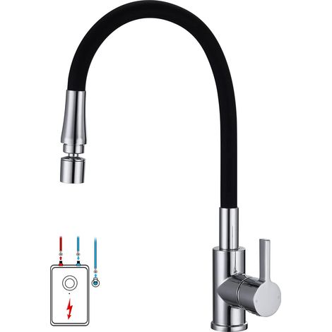 Robinet de cuisine avec bec flexible, robinet de cuisine basse pression, régulateur de jet avec 2 jets réglables, mitigeur monocommande pivotant à 360° pour évier de cuisine, raccord inclus (1/5)