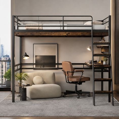 MEUBLIV Letto a soppalco 90x200 cm nero – con scrivania e ripiani, senza materasso (1/5)